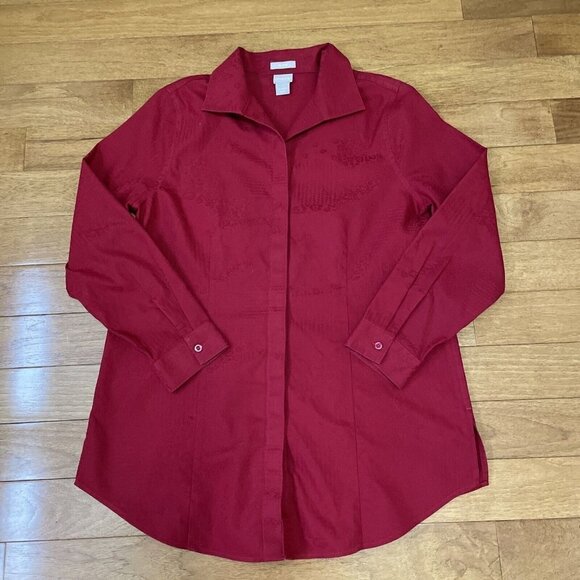Chicos Size 1 - M 100% Cotton No Iron Button Front Shirt Blouse Red Animal Print - Picture 1 of 11